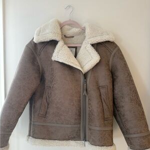 American Eagle Outfitters Brown Leather Jacket with Cream Shearling
